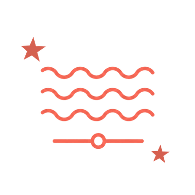 adjustable-vibration-modes-icon Coral line icon showing vibration waves, a settings slider, and small star accents.