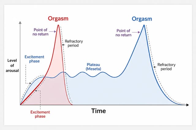 arousal-response-curve-educational-chart Educational chart showing arousal response curves over time with excitement phase, plateau, orgasm, and refractory period labels.