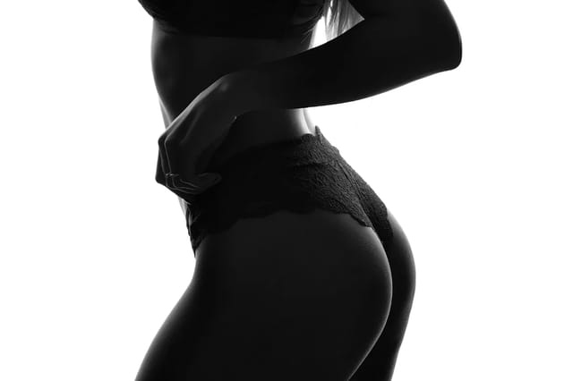 black-and-white-lingerie-silhouette Black-and-white silhouette image of a woman wearing lace lingerie against a bright background.