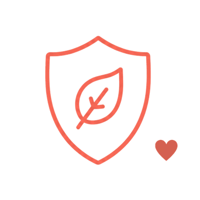 Coral line icon of a protective shield with a leaf, representing body-safe materials.