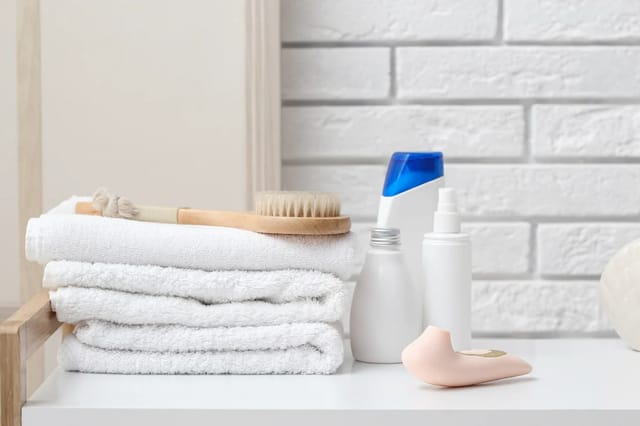 cleaning-supplies-intimate-product-care White towels and personal care bottles arranged on a bathroom counter with a small intimate wellness product nearby.