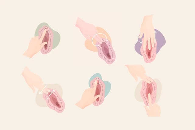 clitoral-touch-techniques-illustration Illustrated guide showing different external touch techniques for clitoral stimulation.