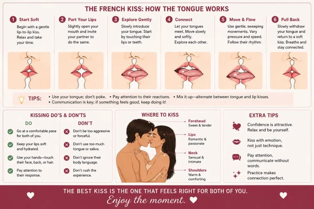 french-kiss-technique-infographic Educational infographic showing French kiss techniques, kissing dos and don’ts, and intimacy tips