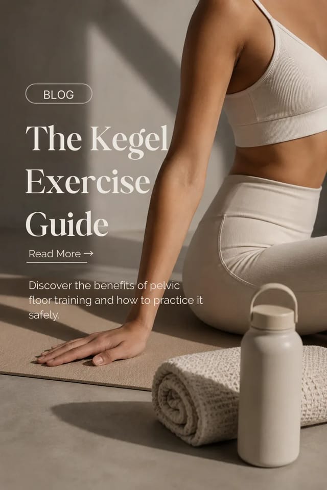 kegel-exercise-guide-blog-banner Blog banner for a Kegel exercise guide showing a woman in neutral activewear on a yoga mat.
