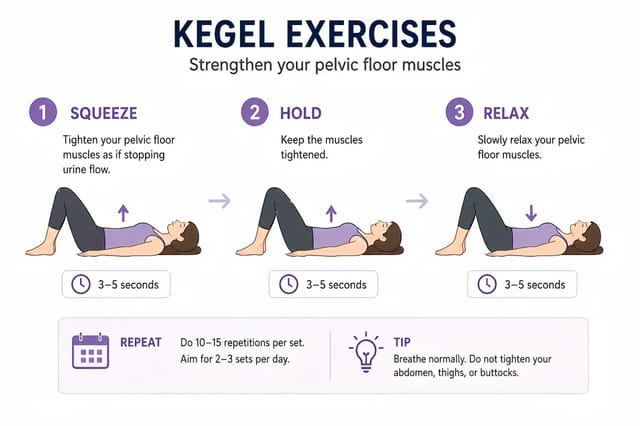 kegel-exercises-pelvic-floor-guide Illustrated guide showing squeeze, hold, and relax steps for Kegel exercises to strengthen pelvic floor muscles.