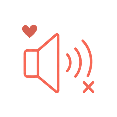 low-noise-speaker-icon Coral line icon of a quiet speaker with sound waves, an x mark, and a small heart.