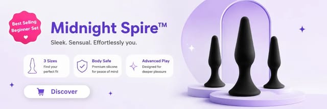 midnight-spire-anal-plug-beginner-set-banner Midnight Spire silicone anal plug set featuring three body-safe silicone plugs in different sizes with a modern purple promotional banner.