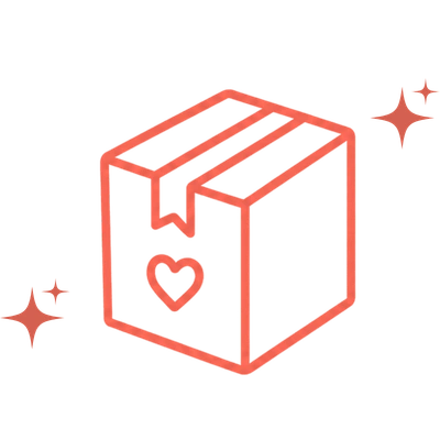 Coral line icon of a discreet shipping box with a heart label and sparkle accents.