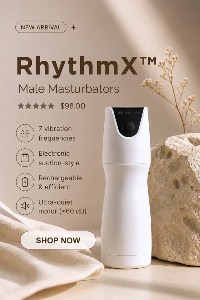rhythmx-male-masturbator-product-banner RhythmX male masturbator product banner with feature icons, soft beige styling, and shop now button.