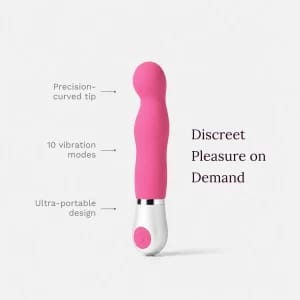Mochi Whisper vibrator with curved tip, 10 vibration modes and portable design highlighted