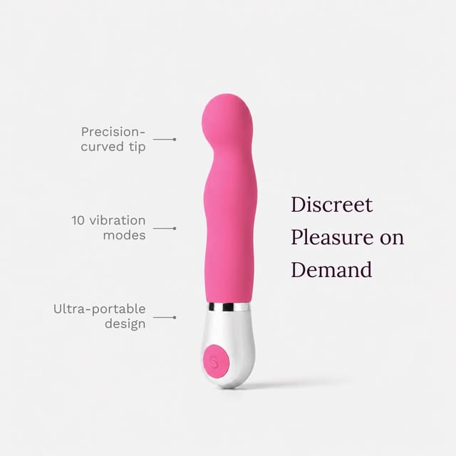 Mochi Whisper vibrator with curved tip, 10 vibration modes and portable design highlighted