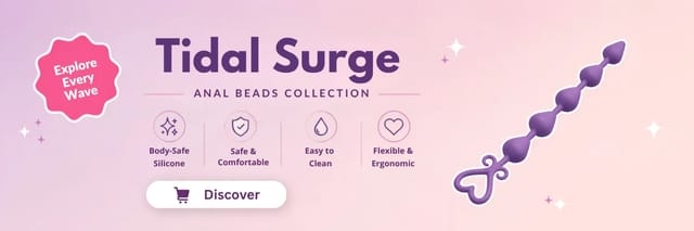 tidal-surge-anal-beads-banner Promotional banner for the Tidal Surge™ silicone anal beads featuring a purple anal beads toy on a soft pastel background with key product features and a Discover Now call-to-action