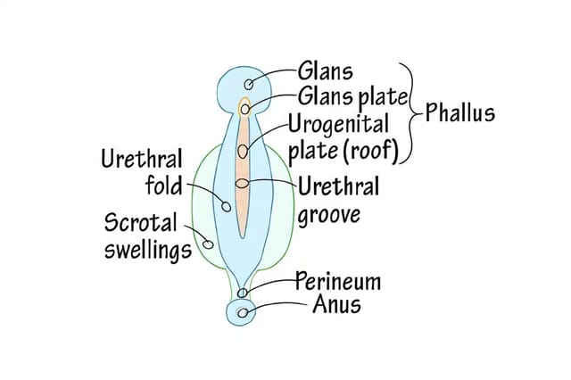 urogenital-anatomy-development-diagram Educational urogenital anatomy diagram labeling the glans, urethral fold, urethral groove, scrotal swellings, perineum, and anus.