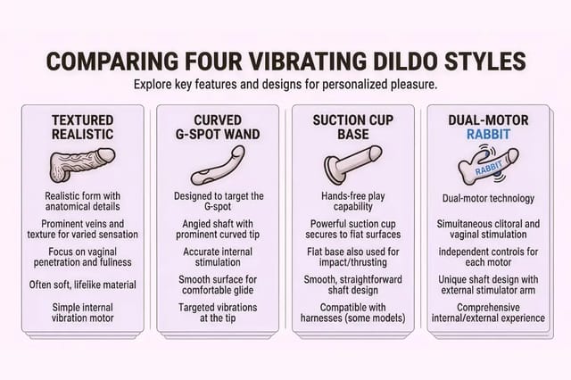vibrating-dildo-styles-comparison-chart Educational comparison chart showing four vibrating dildo styles: textured realistic, curved G-spot wand, suction cup base, and dual-motor rabbit.
