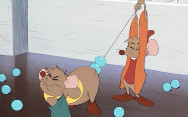 Two cartoon mice stringing beads on their tail