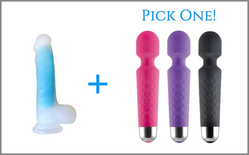 7 inch blue luminous dildo next to wand vibrator in three different colors