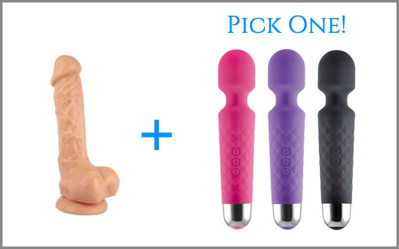 7 inch flesh dildo next to wand vibrator in three different colors