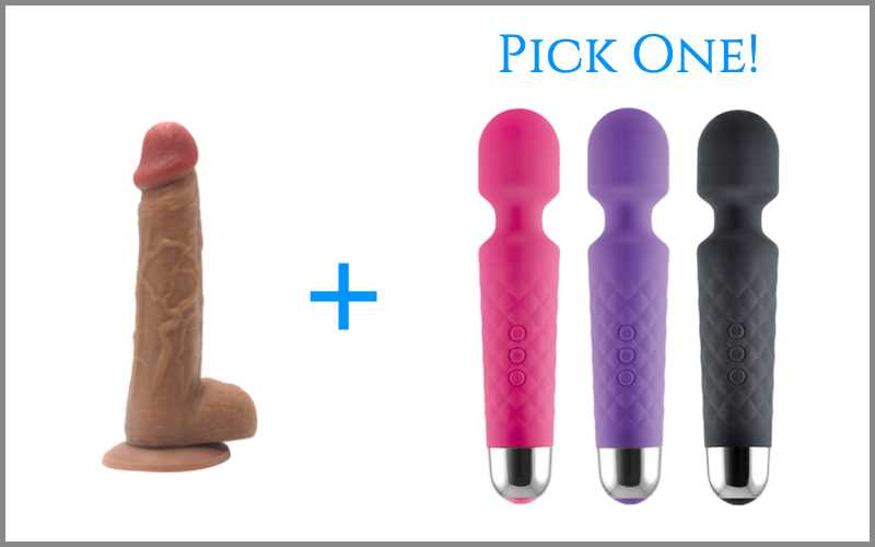 7 inch realistic dildo next to wand vibrator in three different colors