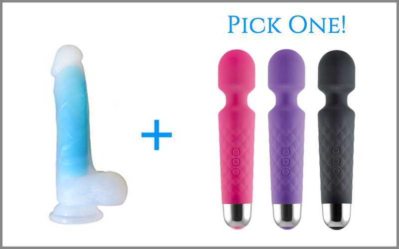 8 inch blue luminous dildo next to wand vibrator in three different colors