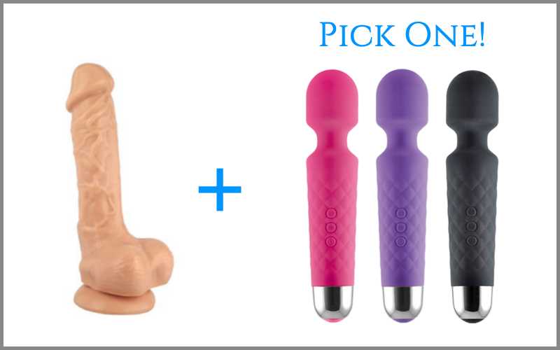 8 inch flesh dildo next to wand vibrator in three different colors