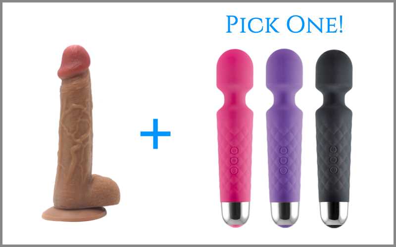 8 inch realistic dildo next to wand vibrator in three different colors