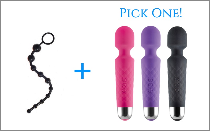 black anal beads next to wand vibrator in three different colors