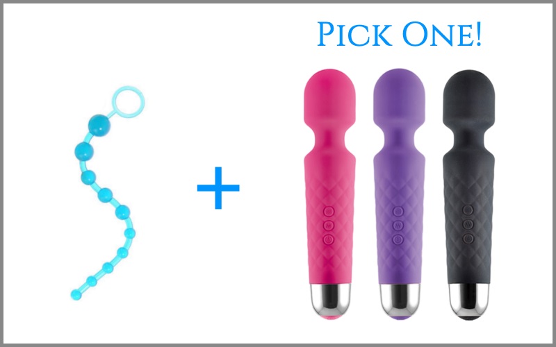 blue anal beads next to wand vibrator in three different colors