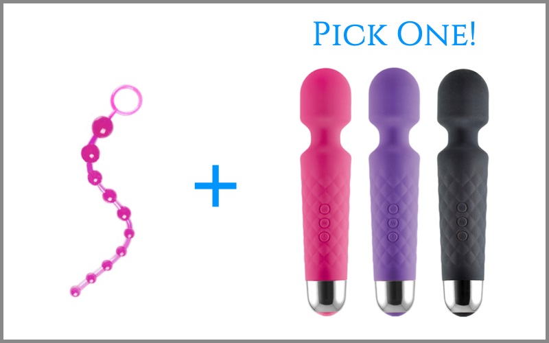 pink anal beads next to wand vibrator in three different colors