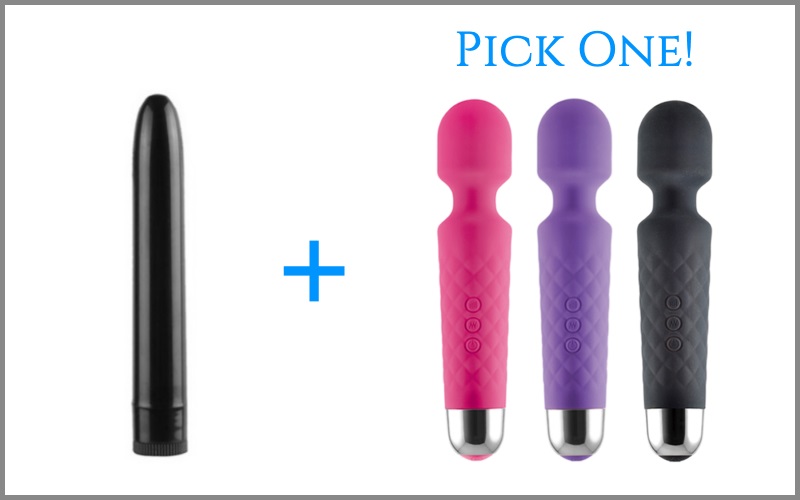 classic black vibrator next to wand vibrator in three different colors