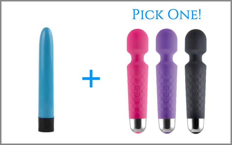 classic blue vibrator next to wand vibrator in three different colors