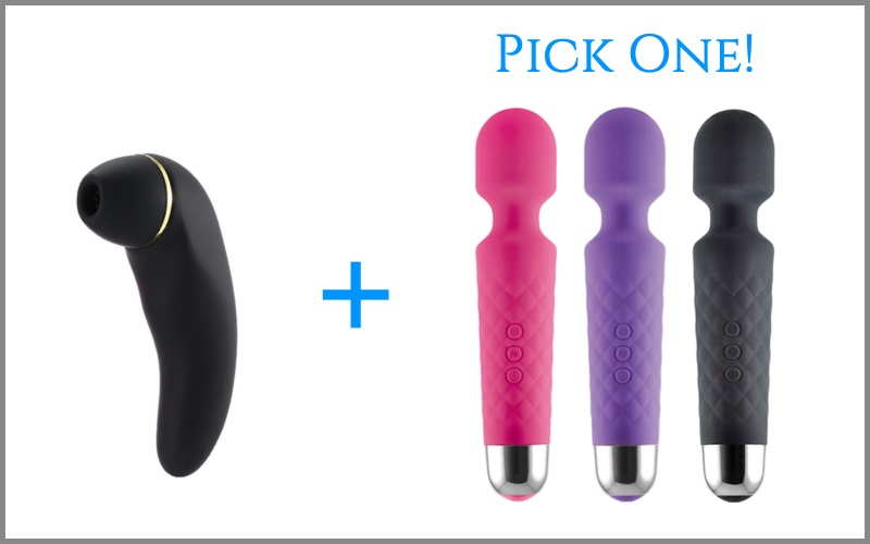 black clitoral vibrator next to rabbit vibrator in four different colors