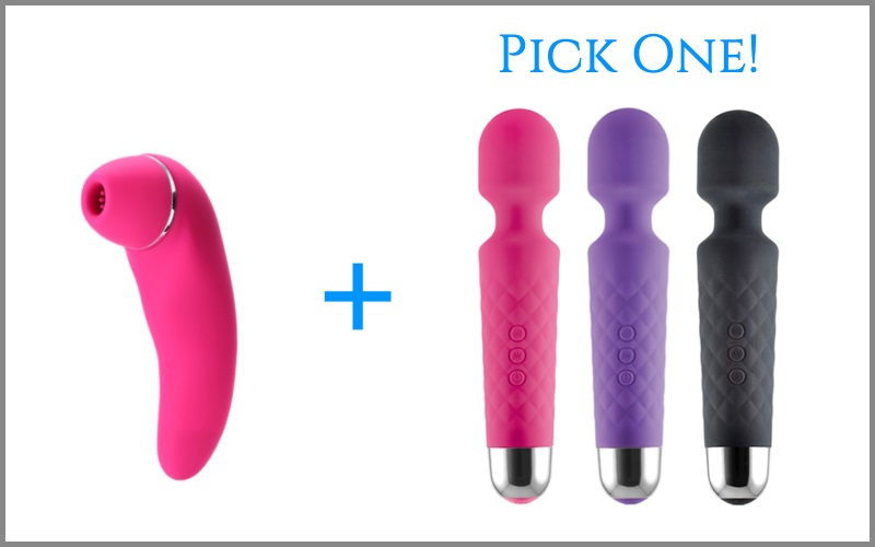 pink clitoral vibrator next to rabbit vibrator in four different colors
