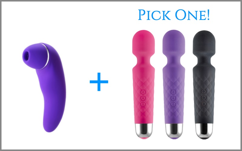 purple clitoral vibrator next to rabbit vibrator in four different colors