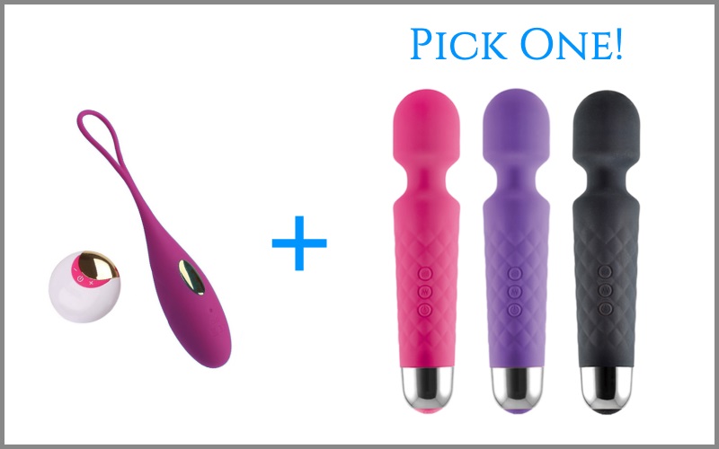 purple egg vibrator next to wand vibrator in three different colors