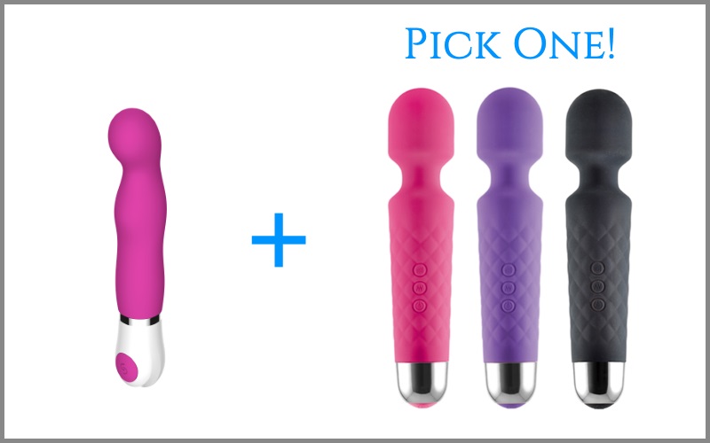 magenta mini vibrator next to wand vibrator in three different colors
