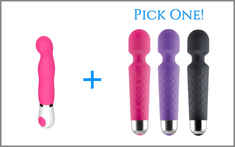pink mini vibrator next to wand vibrator in three different colors