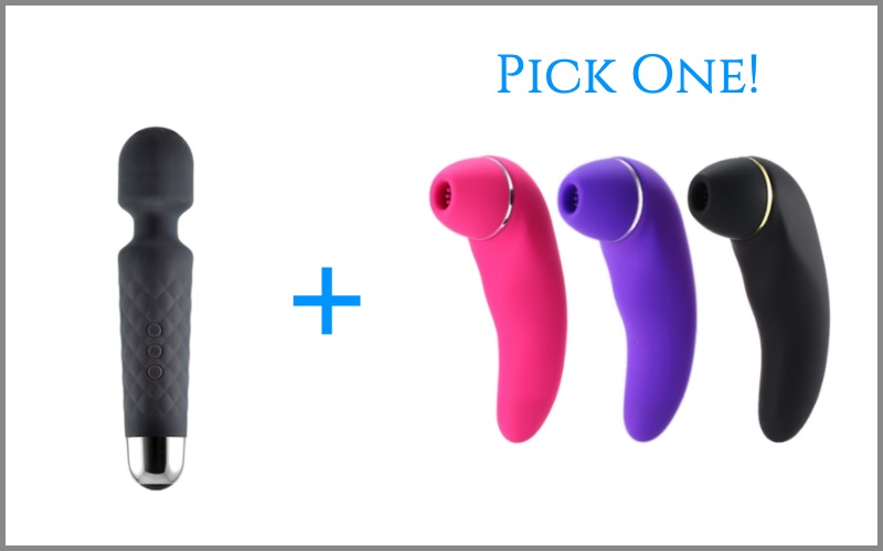 black wand vibrator next to rabbit vibrator in four different colors