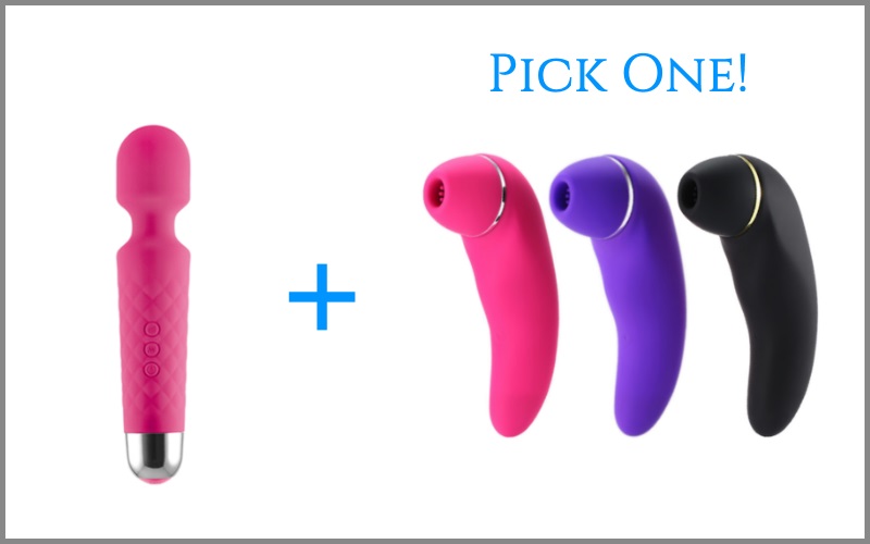 pink wand vibrator next to rabbit vibrator in four different colors