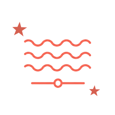 adjustable-vibration-modes-icon Coral line icon showing vibration waves, a settings slider, and small star accents.