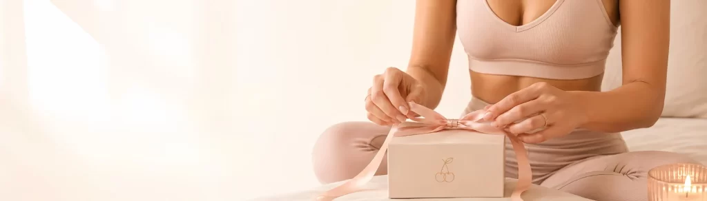 Woman in blush yoga wear tying a ribbon on a BlissfulCherry gift box beside a lit candle.