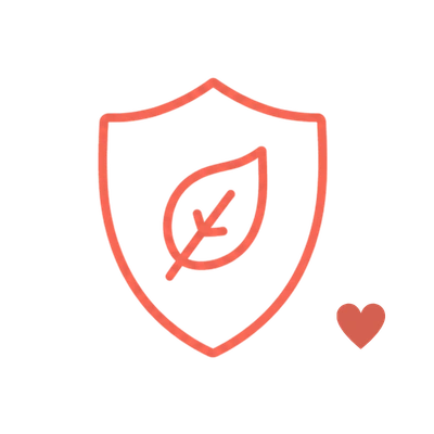 body-safe-materials-shield-icon Coral line icon of a protective shield with a leaf, representing body-safe materials.