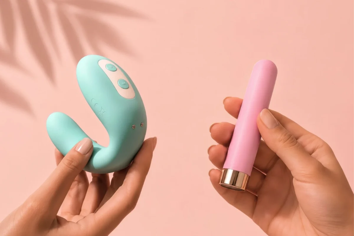 hands-holding-blue-vibrator-and-pink-bullet-vibrator Hands holding a teal clitoral vibrator and a pink bullet vibrator against a soft peach background.