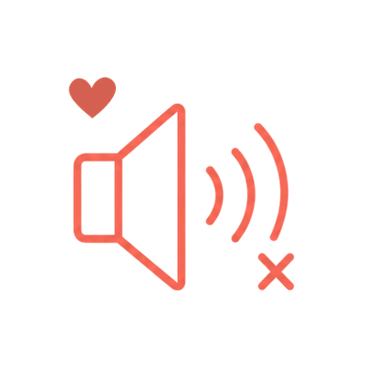 low-noise-speaker-icon Coral line icon of a quiet speaker with sound waves, an x mark, and a small heart.