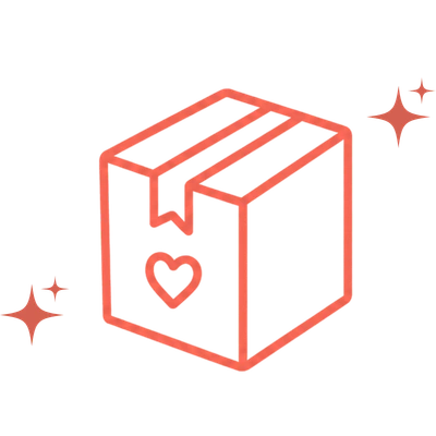 plain-packaging-shipping-icon Coral line icon of a discreet shipping box with a heart label and sparkle accents.