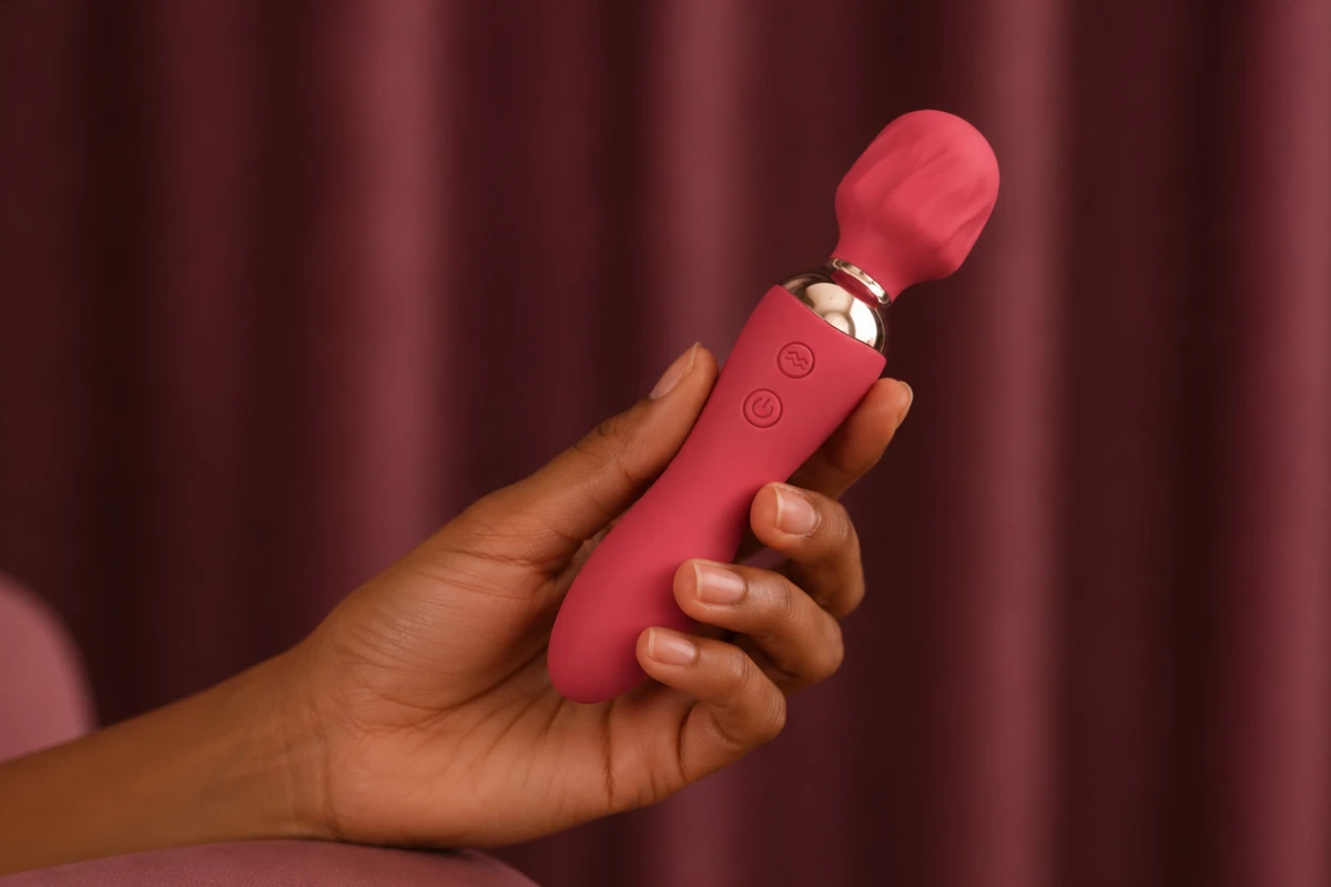 red-ThermaLuxe-vibrator-handheld Red ThermaLuxe vibrator held in hand against a red curtain backdrop