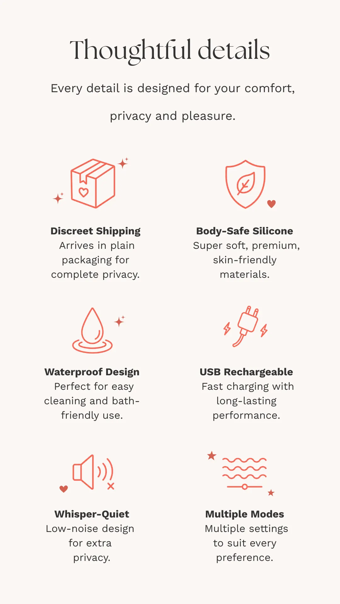 thoughtful-details-product-features BlissfulCherry product feature infographic highlighting discreet shipping, body-safe silicone, waterproof design, USB rechargeable, whisper-quiet use, and multiple modes.